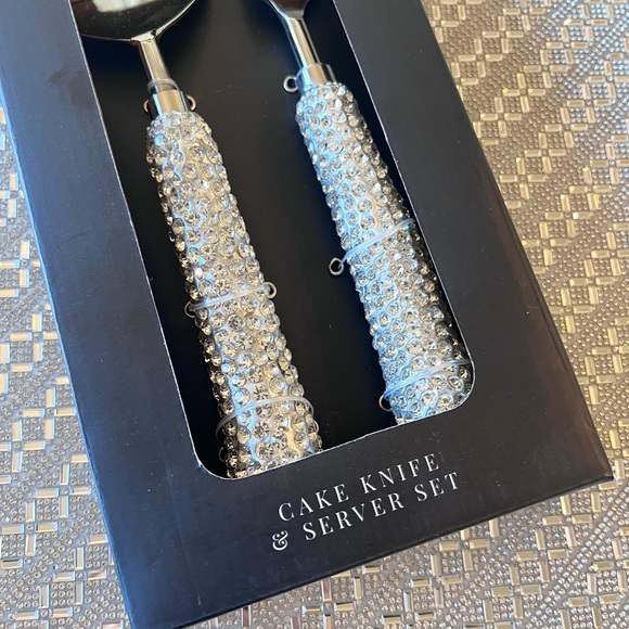 Tahari Dining Tahari Home Cake Knife Server Set Silver Rhinestone Luxe Glam Wedding Holiday